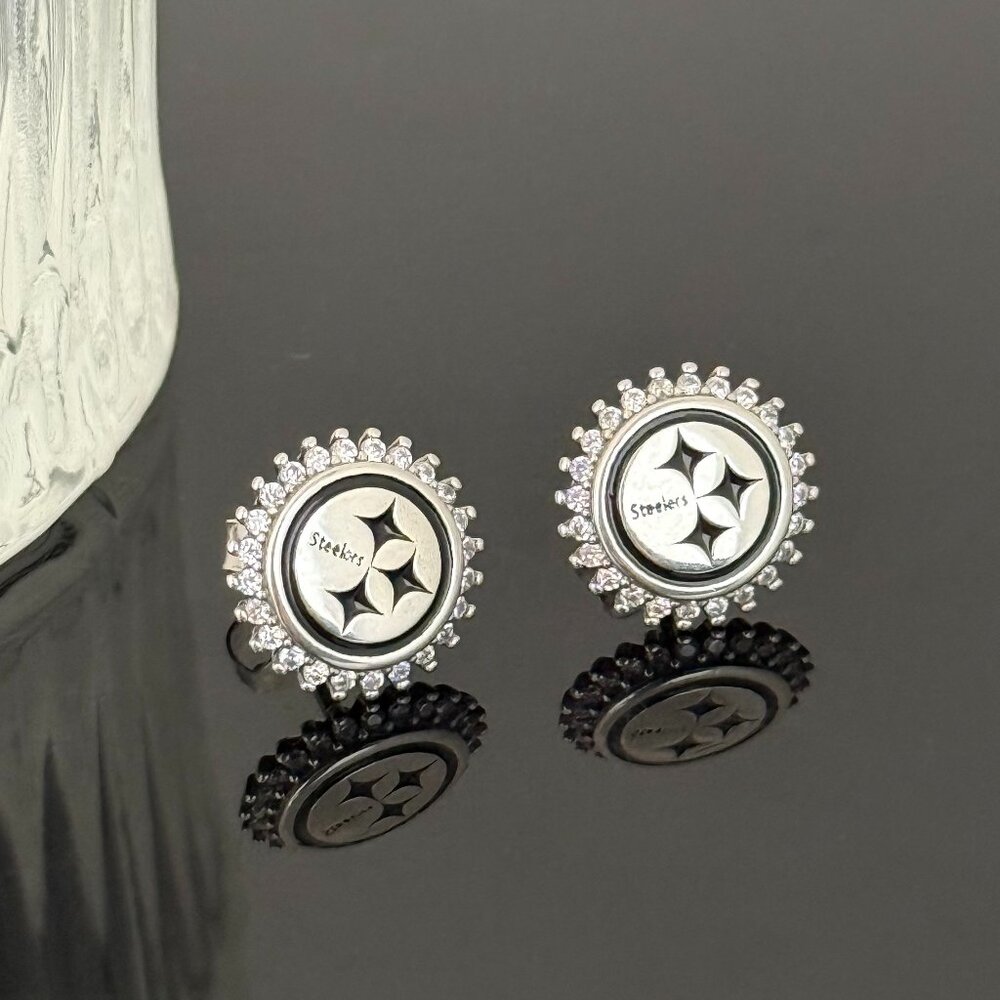 Pittsburgh Steelers Bling Earrings S925 Sterling Silver Handmade Ear Stud